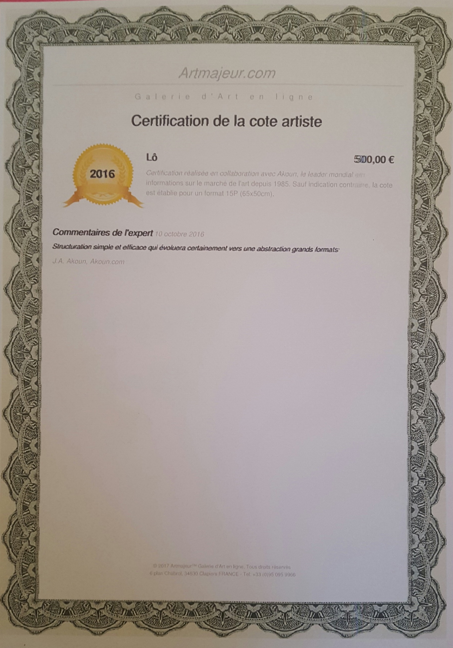 certificat cote artiste